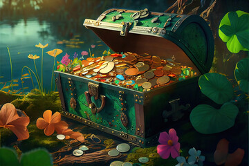 an adorable leprechaun treasure chest filled with gold coins, gems, jewels, rainbow endings.