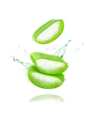 Aloe vera plant isolated on white or transparent background. Slices of Aloe Vera plant and splash of juice or gel