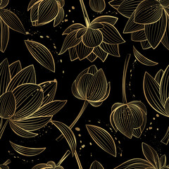 Seamless vector pattern with lotus flowers on a black background. Line art style.