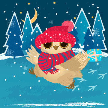 Funny owl is walking through the winter forest carrying a gift. Happy New Year and Christmas greeting card in cartoon style. vector illustration