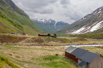Vossestrand, Norway - June 11 2022: View at Norwegian farm at Vossestrand