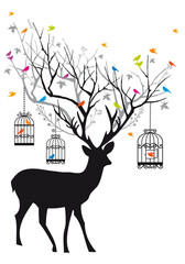 Deer with tree antlers, colorful birds and birdcages, illustration over a transparent background, PNG image