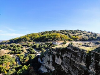 landscape with blue sky in Meteora , Greece .
