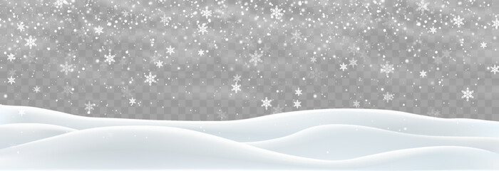 Snowdrifts isolated on png background. Snow landscape decoration, frozen hills. Empty snowbanks field. Christmas vector illustration. Transparent background.