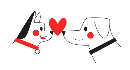 Valentine's Day card with two cute dogs in love. Hand drawn vector line illustration. 