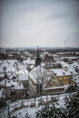 A panoramic view of Petrovaradin rooftops covered with snow