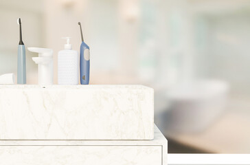 Interior with bath and hygiene products on marble stool with blurred bathroom background. Hygiene and health care. 3d illustration.