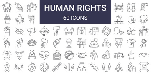 Set of 60 Human Rights line icon. democracy, equality of rights, tolerance, activism, freedom. Editable stroke - obrazy, fototapety, plakaty
