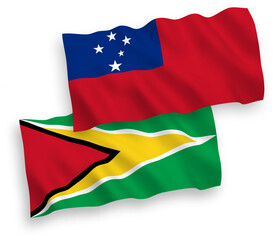 National vector fabric wave flags of Independent State of Samoa and Co-operative Republic of Guyana isolated on white background. 1 to 2 proportion.