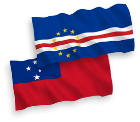 National vector fabric wave flags of Independent State of Samoa and Republic of Cabo Verde isolated on white background. 1 to 2 proportion.