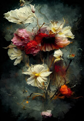 Art illustration of a bouquet of chamomile and red flowers on a dark background. painting imitation