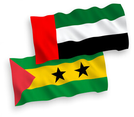 National vector fabric wave flags of Saint Thomas and Prince and United Arab Emirates isolated on white background. 1 to 2 proportion.
