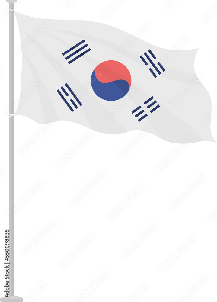 Poster national flag of south korea on pole semi flat color raster object. full sized item on white. symbol
