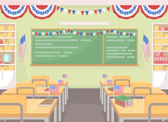 July fourth festive decor in classroom flat color raster illustration. Independence day celebration in school. Patriotic education 2D simple cartoon classroom interior with festive decor on background