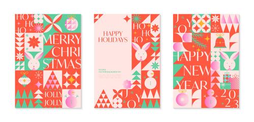 Naklejka premium Christmas and Happy New Year greeting banners templates.Festive vector backgrounds in bauhaus style.Traditional winter holiday symbols.Xmas trendy designs for branding,invitations,prints,social media