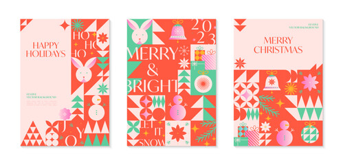 Christmas and Happy New Year greeting banners templates.Festive vector backgrounds in bauhaus style.Traditional winter holiday symbols.Xmas trendy designs for branding,invitations,prints,social media
