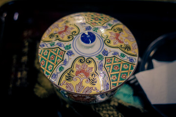 Sao Paulo, SP, Brazil - February 12 2022: Japanese porcelain pot seen from above details.