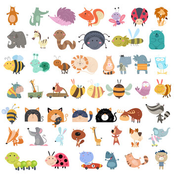 A collection of cute animal cartoon images suitable for birthday cards, invitations and children's clothing designs