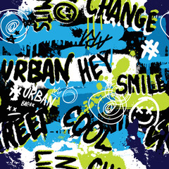 Abstract bright graffiti pattern. With bricks, paint drips, words in graffiti style. Graphic urban design for textiles, sportswear, prints.
