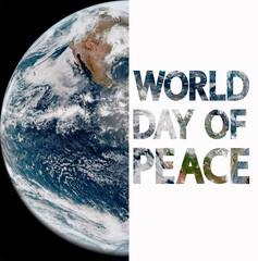 World Day of Peace banner. Planet earth and text on white, mixed media.