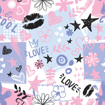 Girls seamless pattern with calligraphic slogan, hearts, words  . background for texylie, graphic tees, kids wear. Wallpaper for teenager girls. Fashion style