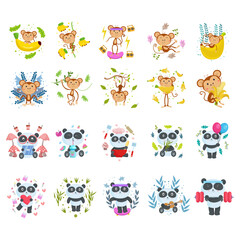 A collection of cute monkey and panda cartoon animal images suitable for birthday cards, invitations and children's clothing designs