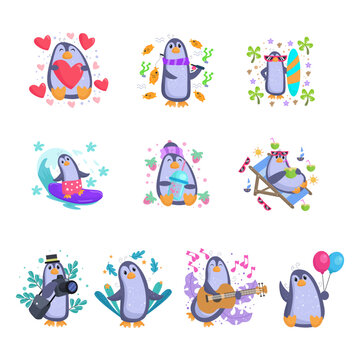 A collection of cute penguin cartoon images suitable for birthday cards, invitations and children's clothing designs
