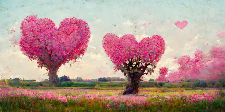 The Romantic landscape is a beautiful symbol of love with heart-shaped trees and pink flowers, the color of love. The concept of romance is associated with Valentine's day. © XaMaps