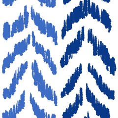 Hand drawn seamless pattern with ikat ethnic traditional indonesian fabric print. Blue indigo abstract geometric stripes lines design mid century modern splash stroke vibrant nautical print.