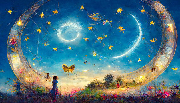There is a magical circular zodiac in the sky of a fairy tale. It is pink in color and features fairies and butterflies. This landscape announces a reading of the fairy stars.