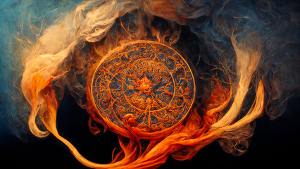 An astrological chart of the stars is on fire, with horoscope symbols that can be used to read the stars through the flames.