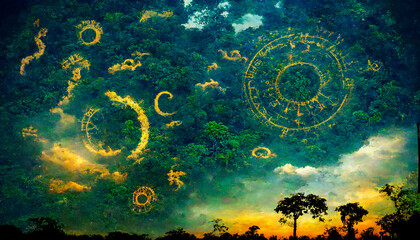 Fototapeta na wymiar The astrological zodiac is visible in the wild jungle sky, and is used for horoscope readings in the tribal way.