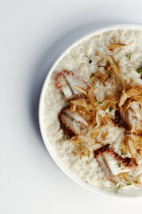 pearl barley porridge with parmesan, eel and tuna shavings