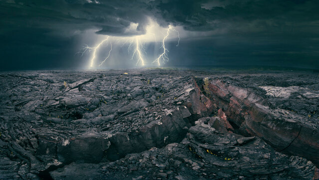 Lightning over lava flows in Hawaii