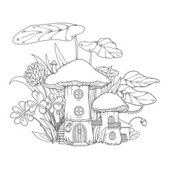 Vector fantasy illustration with mushroom houses in grass. Coloring page with little fairy-tale forest town.