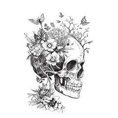 Human skull in flowers sketch hand drawn engraved style Vector illustration. - obrazy, fototapety, plakaty