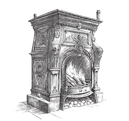 Vintage old fireplace sketch hand drawn engraved style Vector illustration.