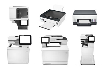 Professional office printer scanner copier machines on white background