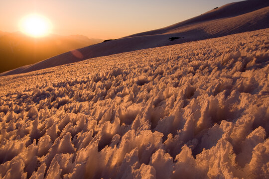 A snow field of penitentes-a conditon caused by differential melting- on Volcan San Jose in the Andes mountains of Chile