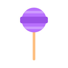 Purple lollipop flat icon isolated on white background. Bright fun holiday sweet. Abstract design object. Party treat food. Birthday event celebration stick violet candy. Bonbon vector illustration.