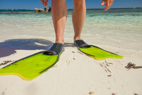 Legs of woman wearing diving flippers standing on sandy beach, Perth, Western Australia, Australia
