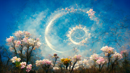 Fototapeta na wymiar Abstract and poetic view of a spring sky with a circular zodiac. Flowers and symbols of spring for horoscopes related to this magical season.