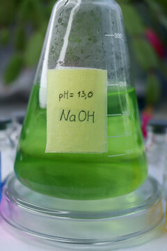 A strongly alkaline solution of sodium hydroxide in a conical flask with an indicator dye.