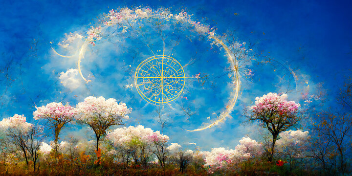 A beautifully poetic view of a spring sky, with a circular zodiac. Flowers and symbols of spring are featured in this magically themed season.