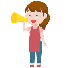 Naklejka premium シンプルな主線なしのイラスト / メガホンで話しかけるピンクのエプロンの女性