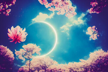 A spring sky is depicted in an abstract way with a circular zodiac. Flowers and symbols of spring are included for horoscopes related to this magical season.