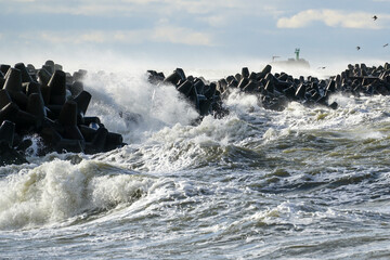 Big waves breaking over harbor breakwall concrete tetrapods