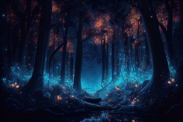 Mystical magical blue forest at night with glowing lights