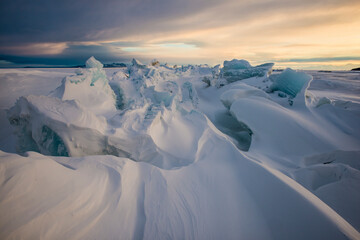 Sun set over the Scott Base Pressure Ridges in Antarctica.