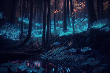 Dark mysterious fantasy forest at night with colorful blue foggy lights 